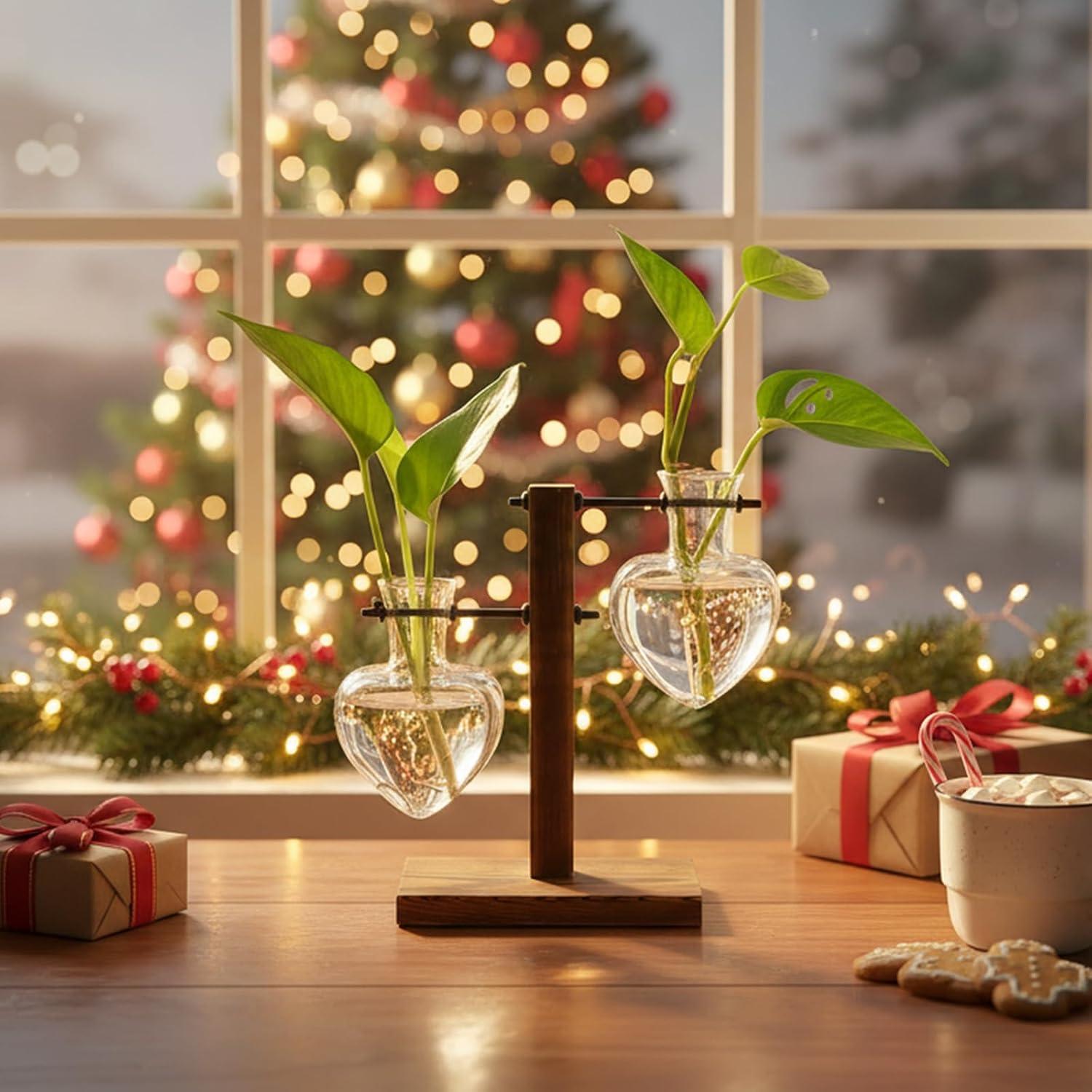 imageXXXFLOWER Plant Terrarium Wooden Stand Hydroponic Planter Bulb Glass Metal Swivel Holder Retro Air Plants Water Plants for Home Office DecorationGifts for Plant Lover Wife Mom 2 Love Bulb Vase2 Love Wooden Stand