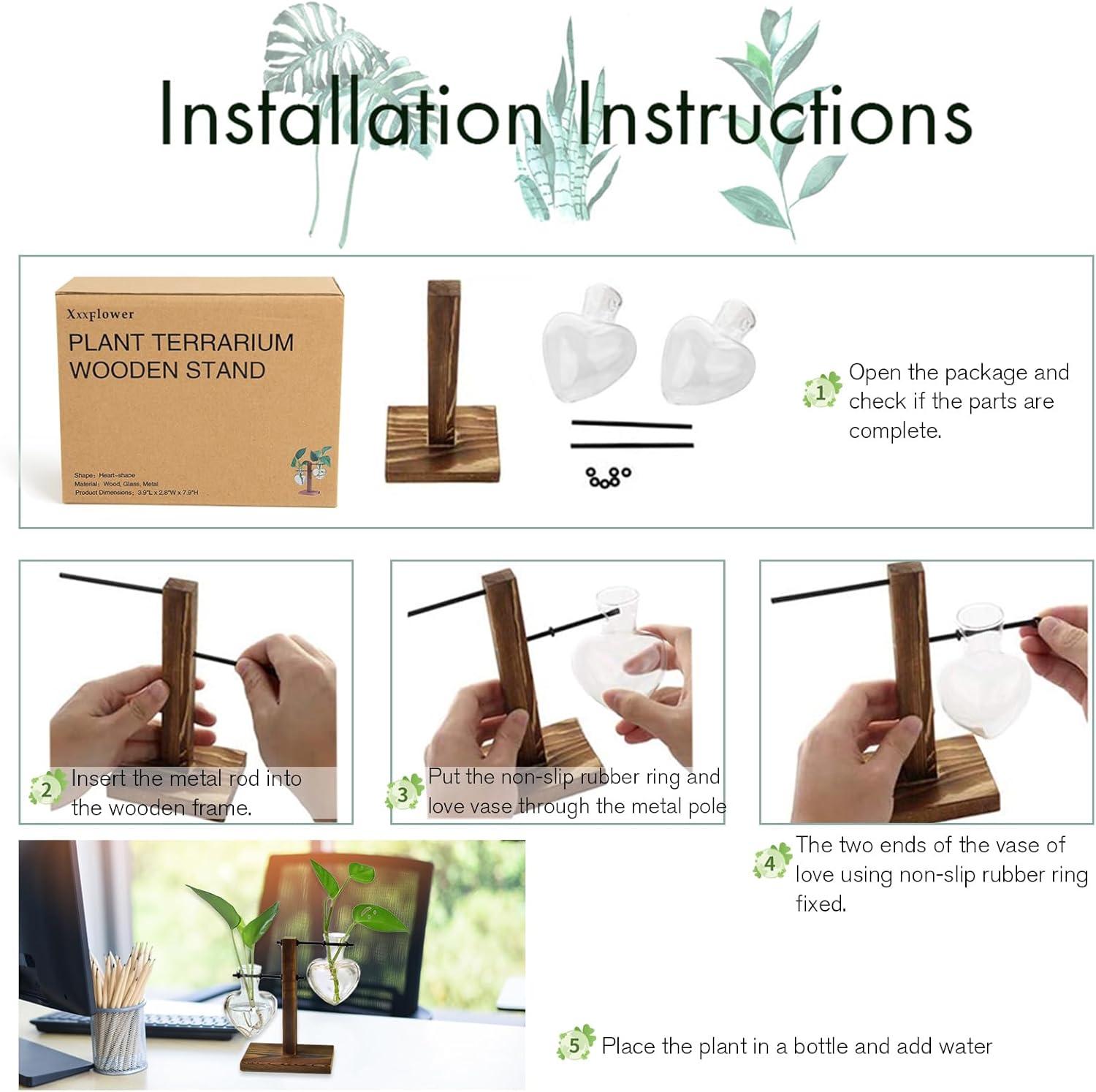 imageXXXFLOWER Plant Terrarium Wooden Stand Hydroponic Planter Bulb Glass Metal Swivel Holder Retro Air Plants Water Plants for Home Office DecorationGifts for Plant Lover Wife Mom 2 Love Bulb Vase2 Love Wooden Stand