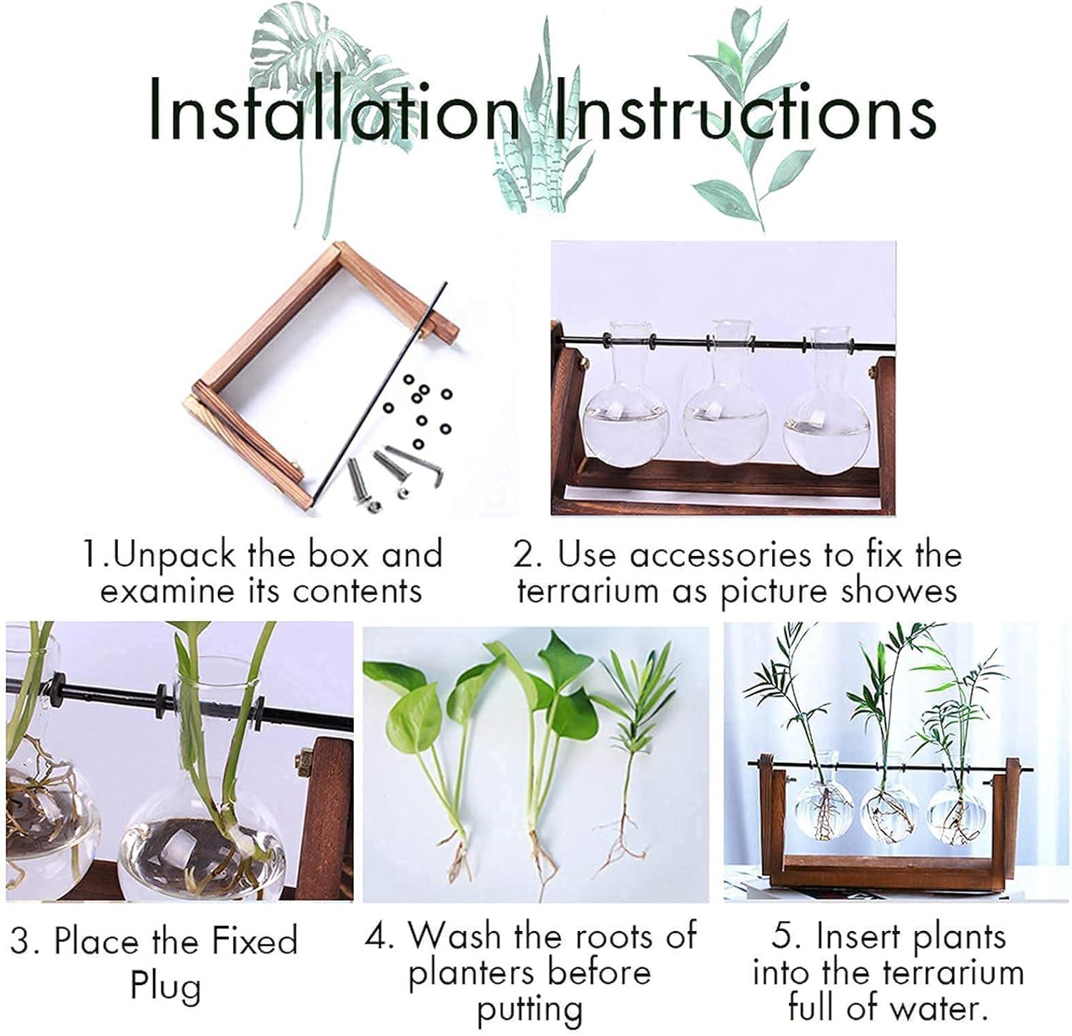 imageXXXFLOWER Plant Terrarium with Wooden Stand Air Planter Bulb Glass Vase Metal Swivel Holder Retro Tabletop for Hydroponics Home Garden Office Decoration