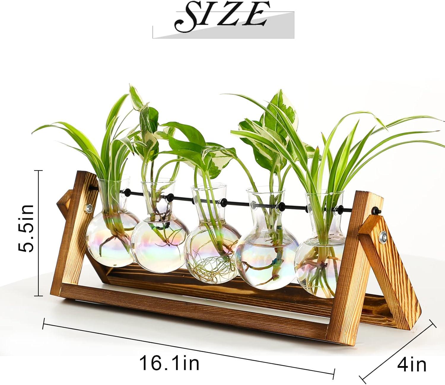 imageXXXFLOWER Plant Terrarium with Wooden Stand Wall Hanging Glass Planter Tabletop Propagation Station Metal Swivel Holder Retro Rack for Hydroponics Home Garden Office Decoration 5 Bulb Vase5 Bulb Vase