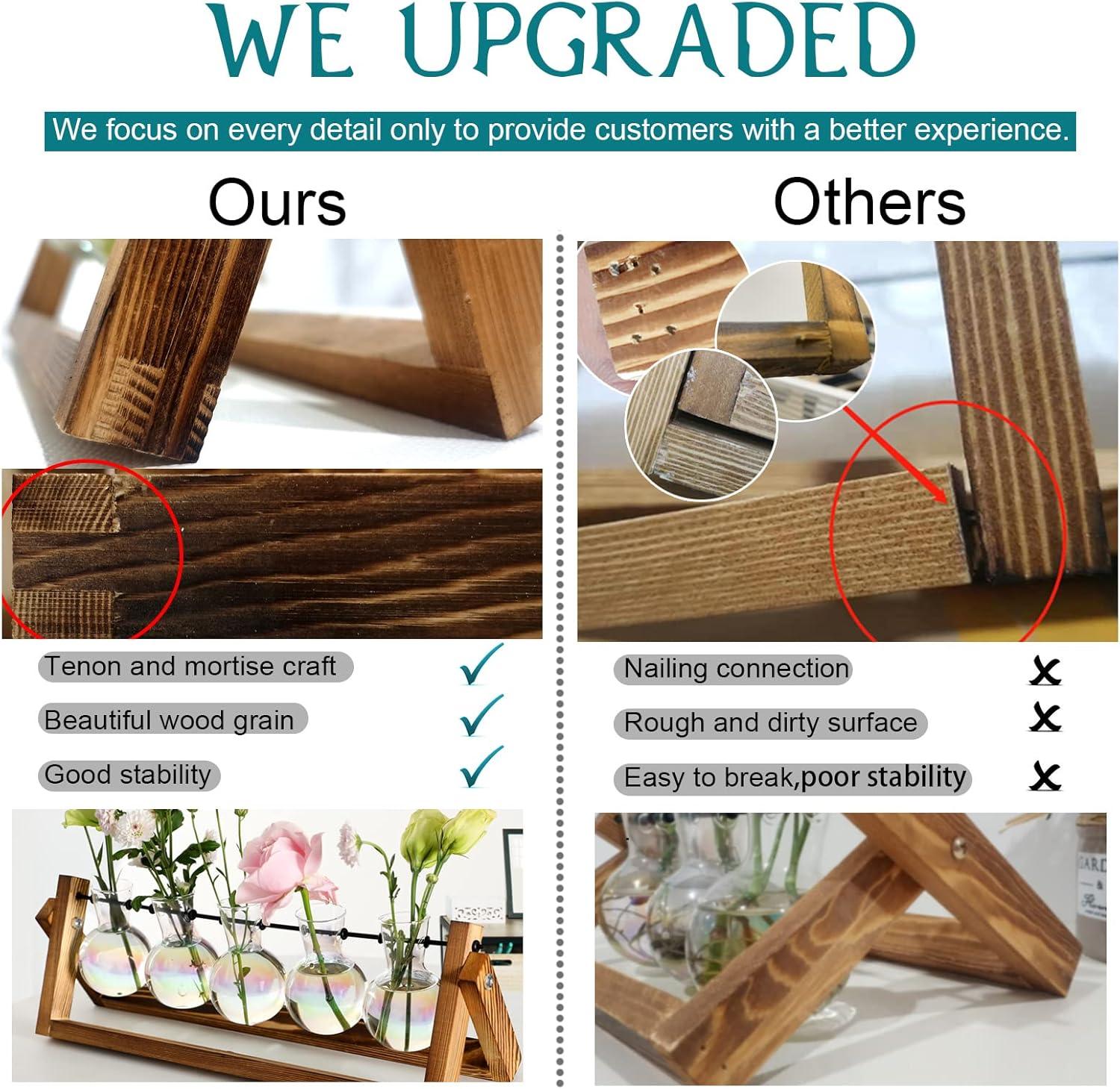 imageXXXFLOWER Plant Terrarium with Wooden Stand Wall Hanging Glass Planter Tabletop Propagation Station Metal Swivel Holder Retro Rack for Hydroponics Home Garden Office Decoration 5 Bulb Vase5 Bulb Vase
