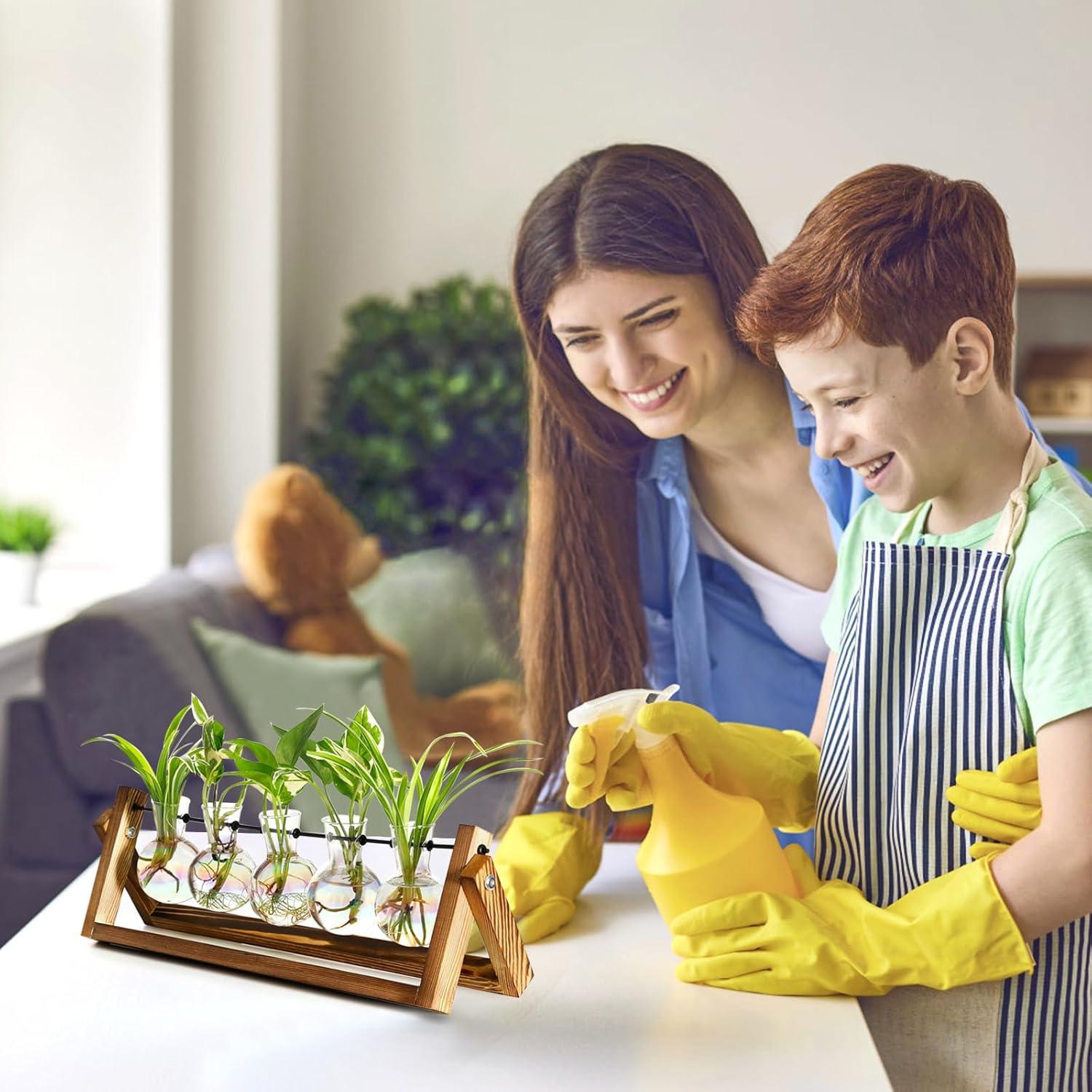 imageXXXFLOWER Plant Terrarium with Wooden Stand Wall Hanging Glass Planter Tabletop Propagation Station Metal Swivel Holder Retro Rack for Hydroponics Home Garden Office Decoration 5 Bulb Vase5 Bulb Vase