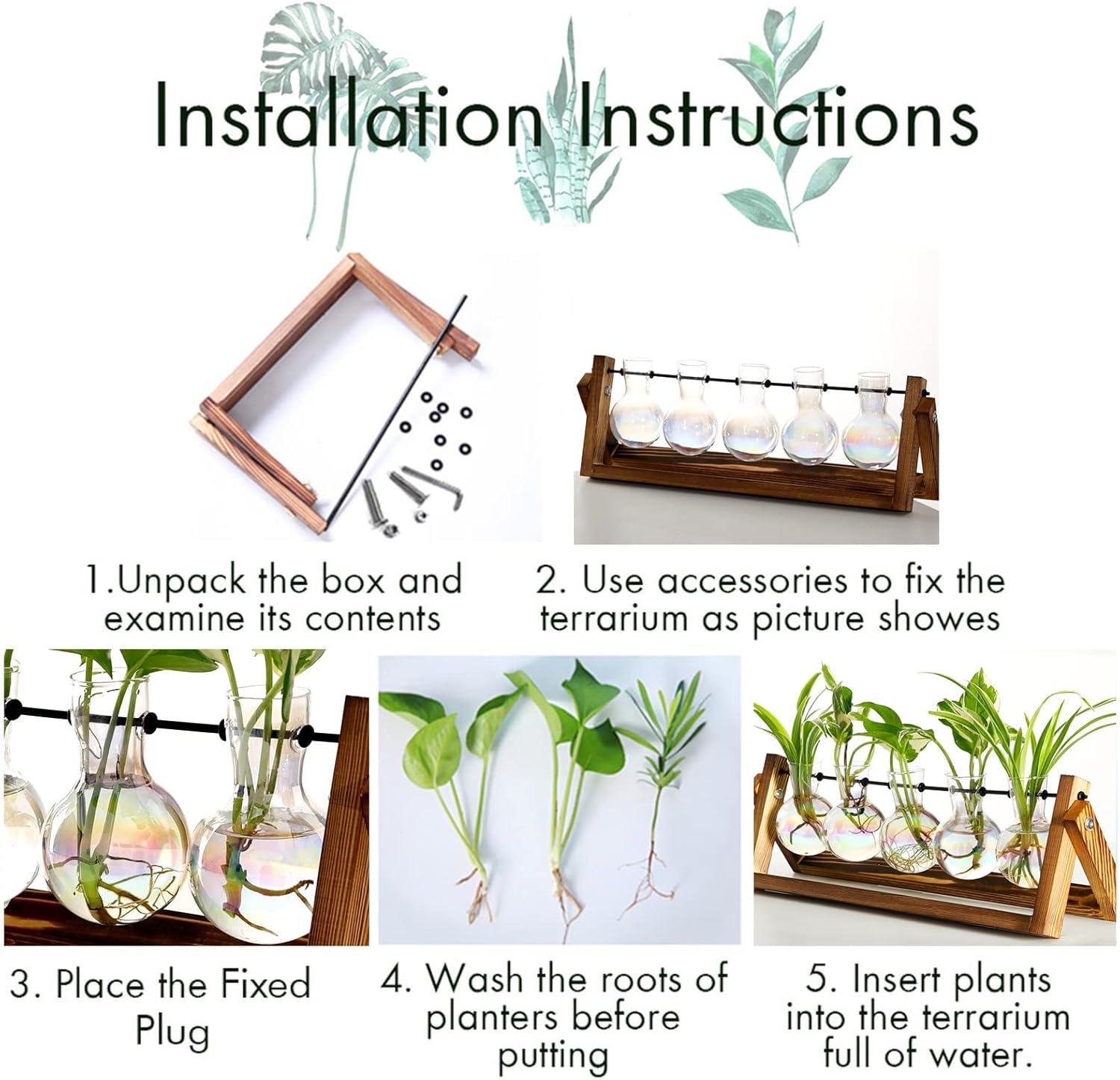 imageXXXFLOWER Plant Terrarium with Wooden Stand Wall Hanging Glass Planter Tabletop Propagation Station Metal Swivel Holder Retro Rack for Hydroponics Home Garden Office Decoration 5 Bulb Vase5 Bulb Vase