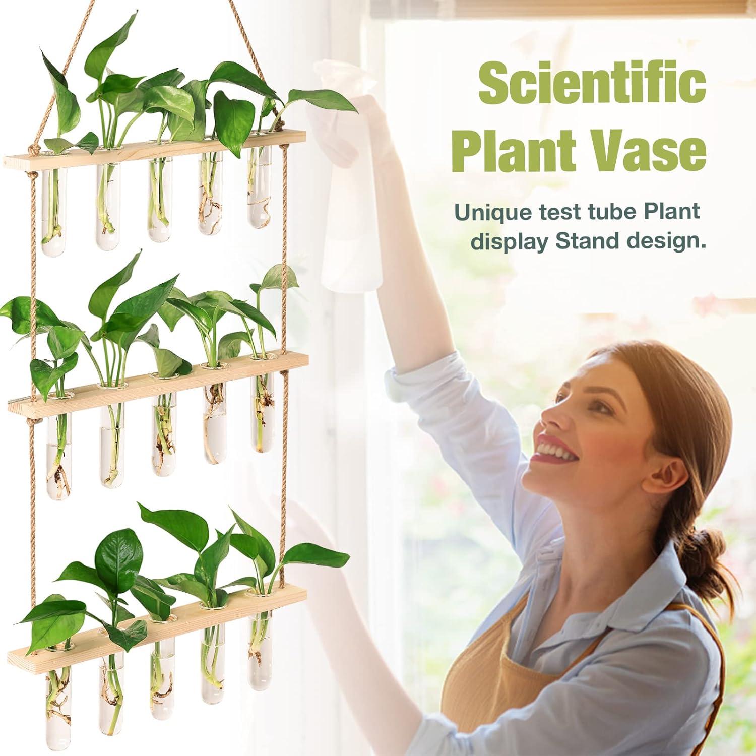 imageXXXFLOWER Wall Hanging Propagation Station with Wooden Stand 21 Glass Test Tubes 3 Tiers Planters Wall Terrarium for Home Office Plant Hanger Flower Vases Wall Decor Hydroponic CuttingsBeige