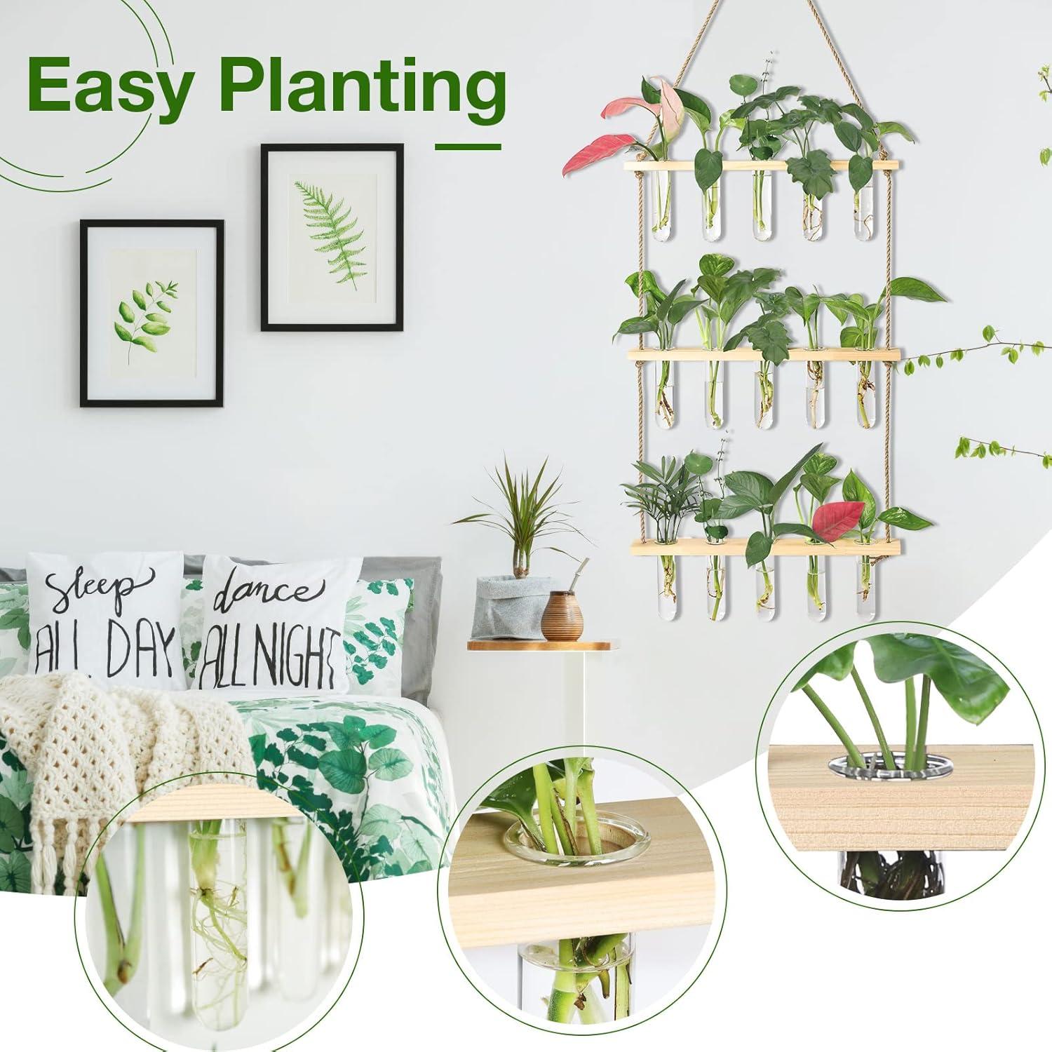 imageXXXFLOWER Wall Hanging Propagation Station with Wooden Stand 21 Glass Test Tubes 3 Tiers Planters Wall Terrarium for Home Office Plant Hanger Flower Vases Wall Decor Hydroponic CuttingsBeige