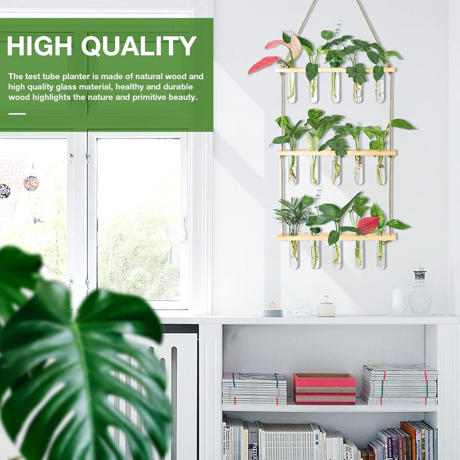 imageXXXFLOWER Wall Hanging Propagation Station with Wooden Stand 21 Glass Test Tubes 3 Tiers Planters Wall Terrarium for Home Office Plant Hanger Flower Vases Wall Decor Hydroponic CuttingsBeige