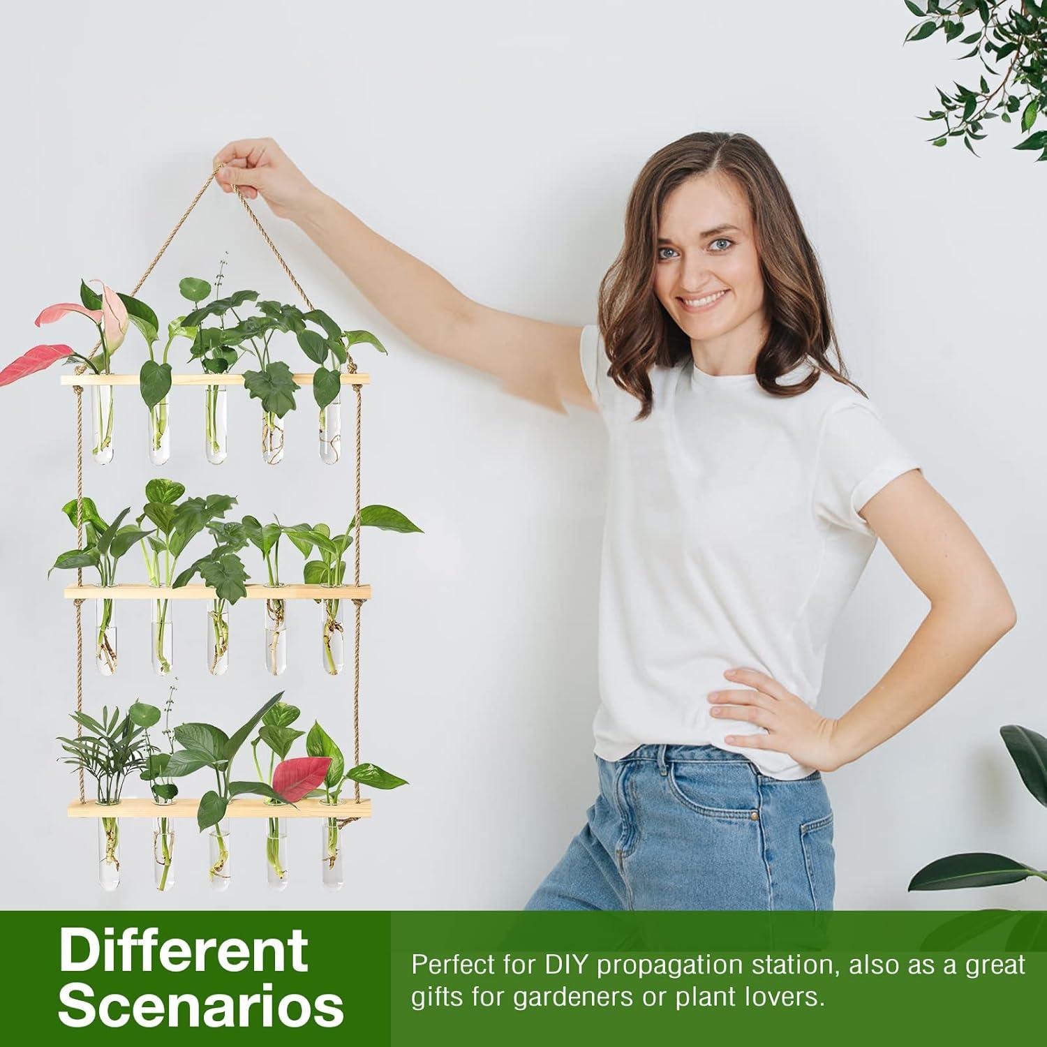imageXXXFLOWER Wall Hanging Propagation Station with Wooden Stand 21 Glass Test Tubes 3 Tiers Planters Wall Terrarium for Home Office Plant Hanger Flower Vases Wall Decor Hydroponic CuttingsBeige