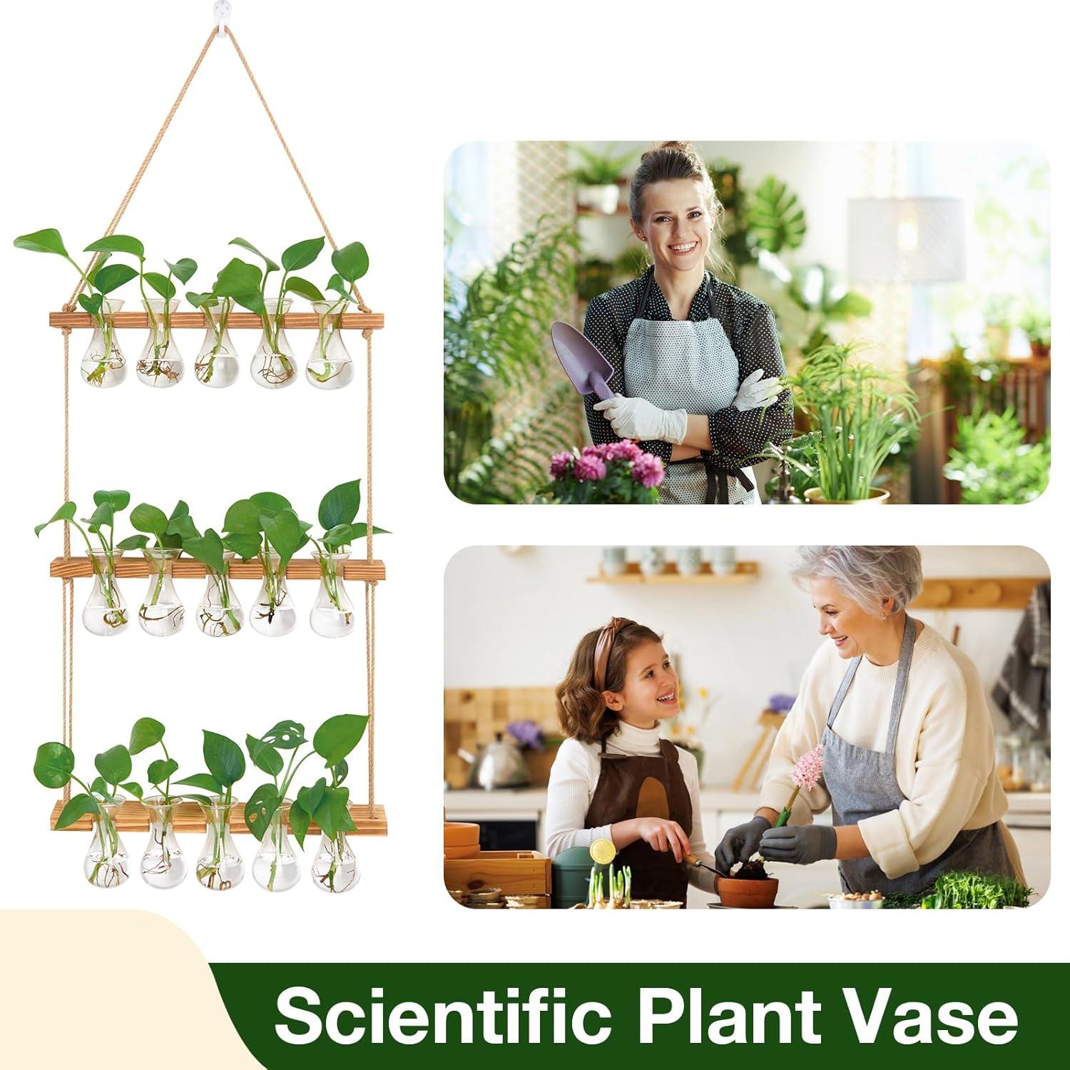 imageXXXFLOWER Wall Hanging Propagation Station with Wooden Stand 3 Bulb Vase 2 Tiers Planters Wall Terrarium for Home Office Plant Hanger Flower Vases Wall DecorBrownNatural15 Bulb Vase