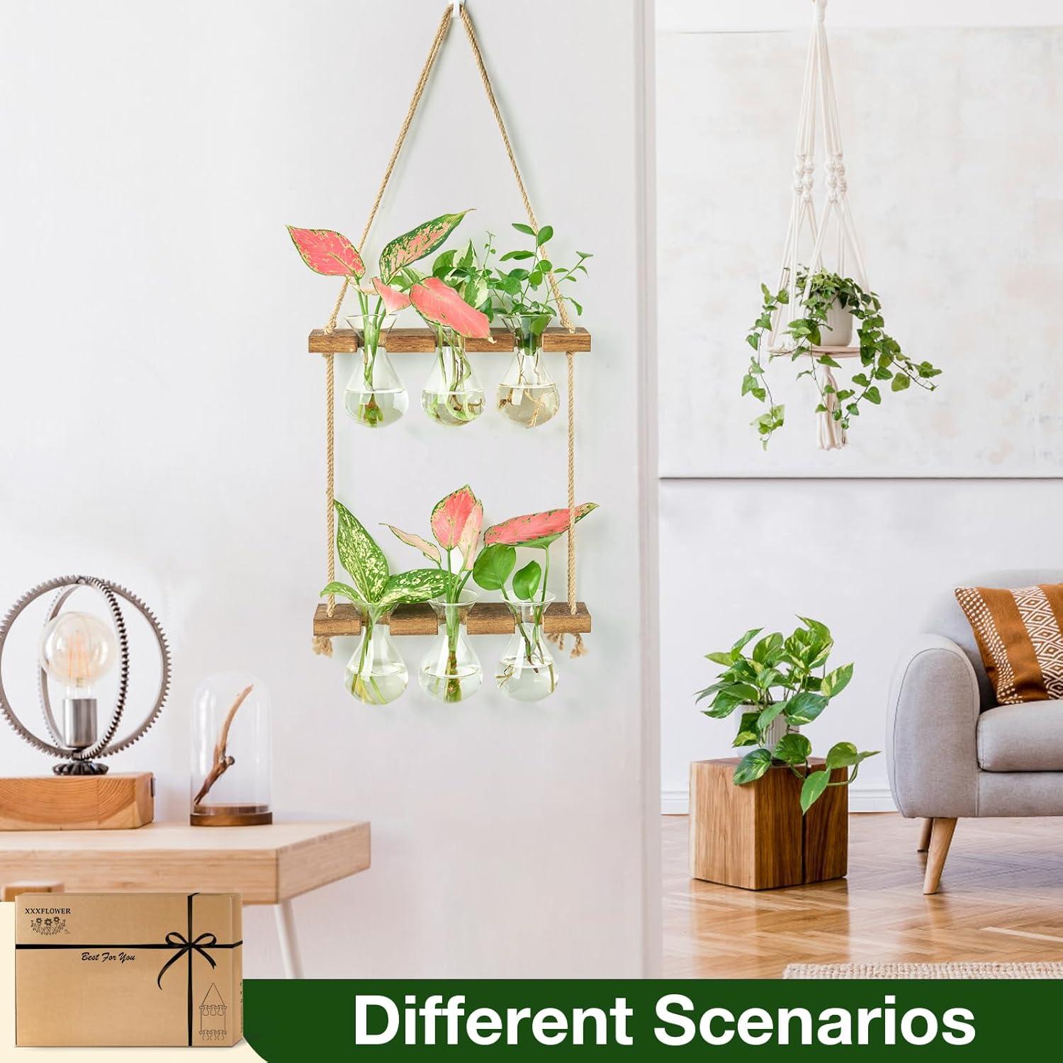 imageXXXFLOWER Wall Hanging Propagation Station with Wooden Stand 3 Bulb Vase 2 Tiers Planters Wall Terrarium for Home Office Plant Hanger Flower Vases Wall DecorBrownBrown6 Bulb Vase