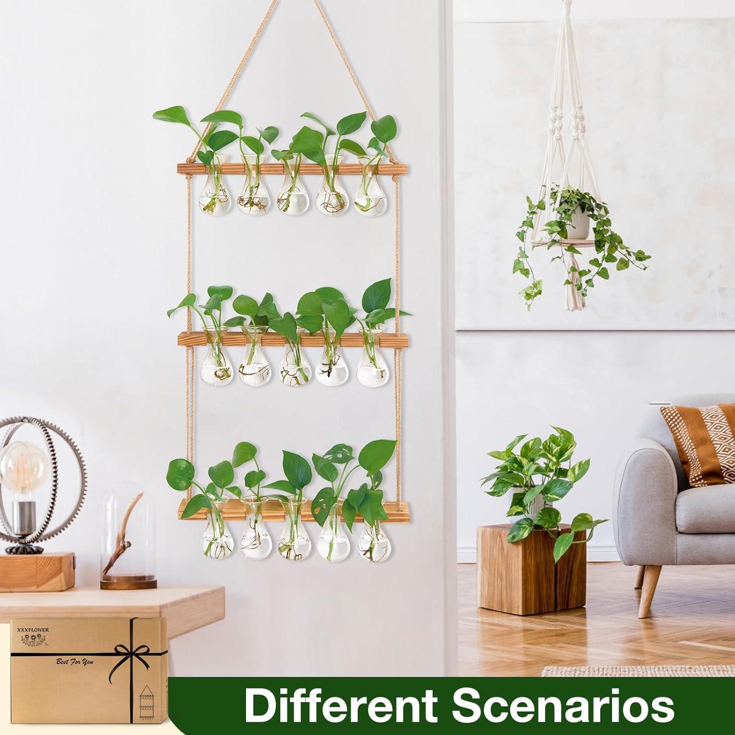 imageXXXFLOWER Wall Hanging Propagation Station with Wooden Stand 3 Bulb Vase 2 Tiers Planters Wall Terrarium for Home Office Plant Hanger Flower Vases Wall DecorBrownNatural15 Bulb Vase