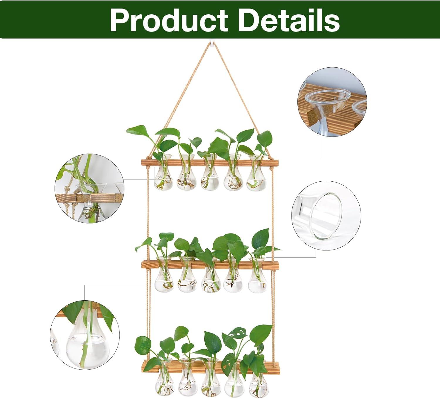 imageXXXFLOWER Wall Hanging Propagation Station with Wooden Stand 3 Bulb Vase 2 Tiers Planters Wall Terrarium for Home Office Plant Hanger Flower Vases Wall DecorBrownNatural15 Bulb Vase