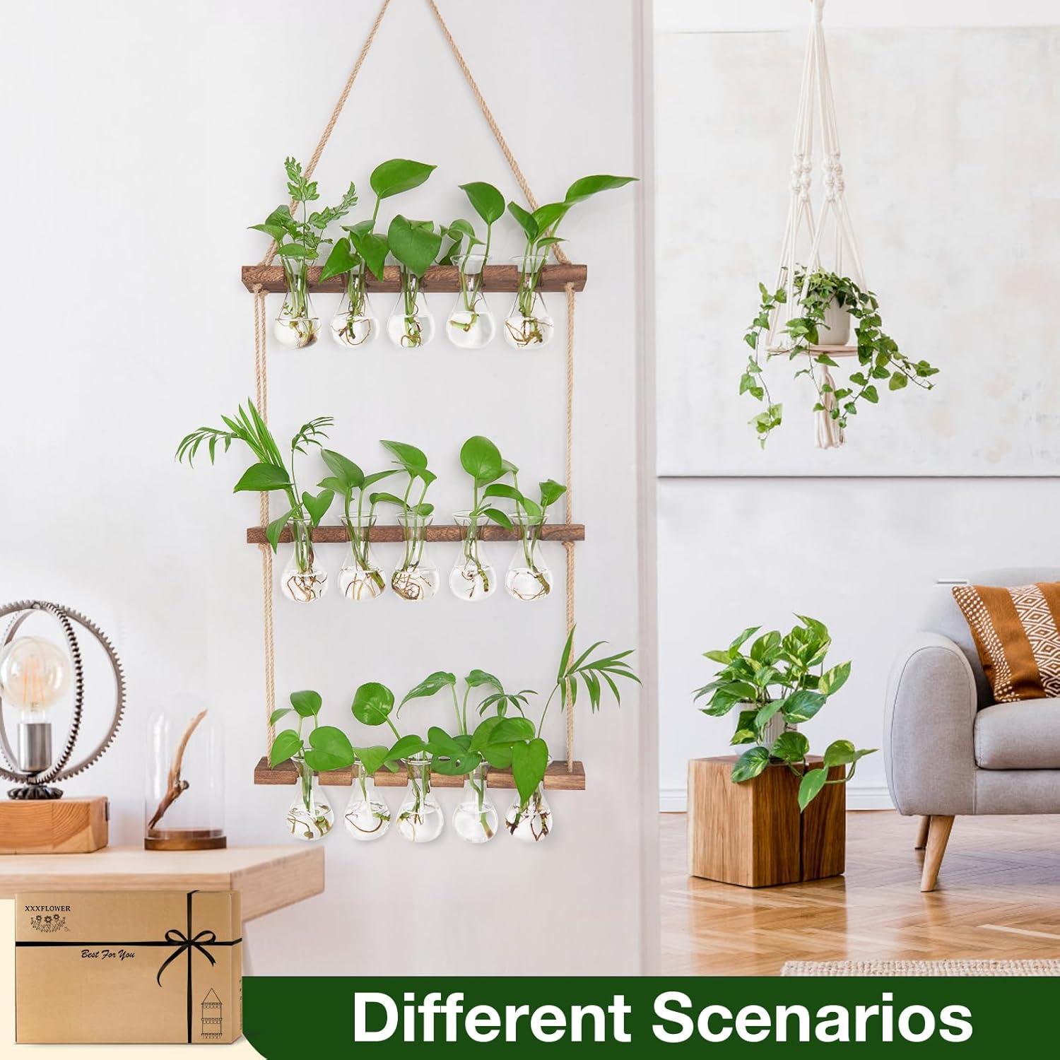 imageXXXFLOWER Wall Hanging Propagation Station with Wooden Stand 3 Bulb Vase 2 Tiers Planters Wall Terrarium for Home Office Plant Hanger Flower Vases Wall DecorBrownBrown15 Bulb Vase