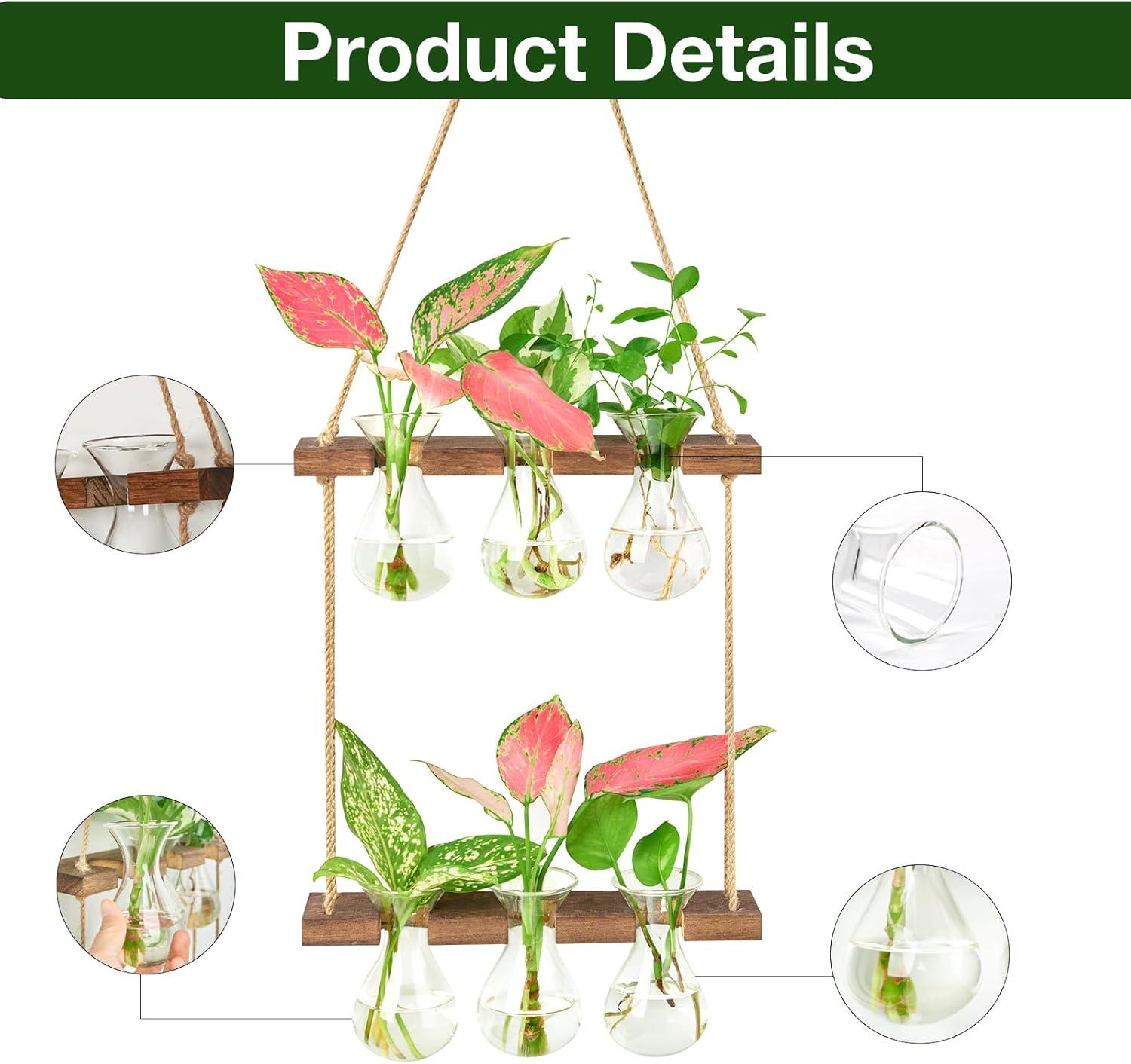 imageXXXFLOWER Wall Hanging Propagation Station with Wooden Stand 3 Bulb Vase 2 Tiers Planters Wall Terrarium for Home Office Plant Hanger Flower Vases Wall DecorBrownBrown6 Bulb Vase