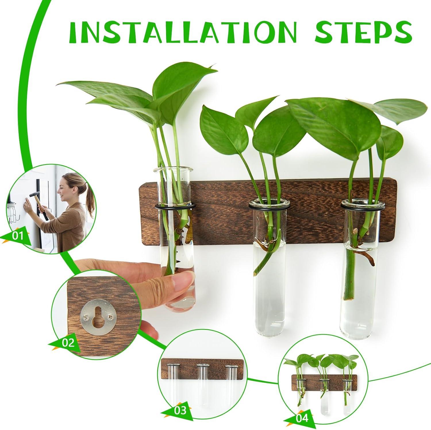 imageXXXFLOWER Wall Mounted Plant Terrarium with Wooden Stand 3 PCS Hanging Planter Propagation Station with 3 Glass Tubes for Plant Cuttings Flower Vases for Home Office Indoor Decor9 Glass Tubes with Ring