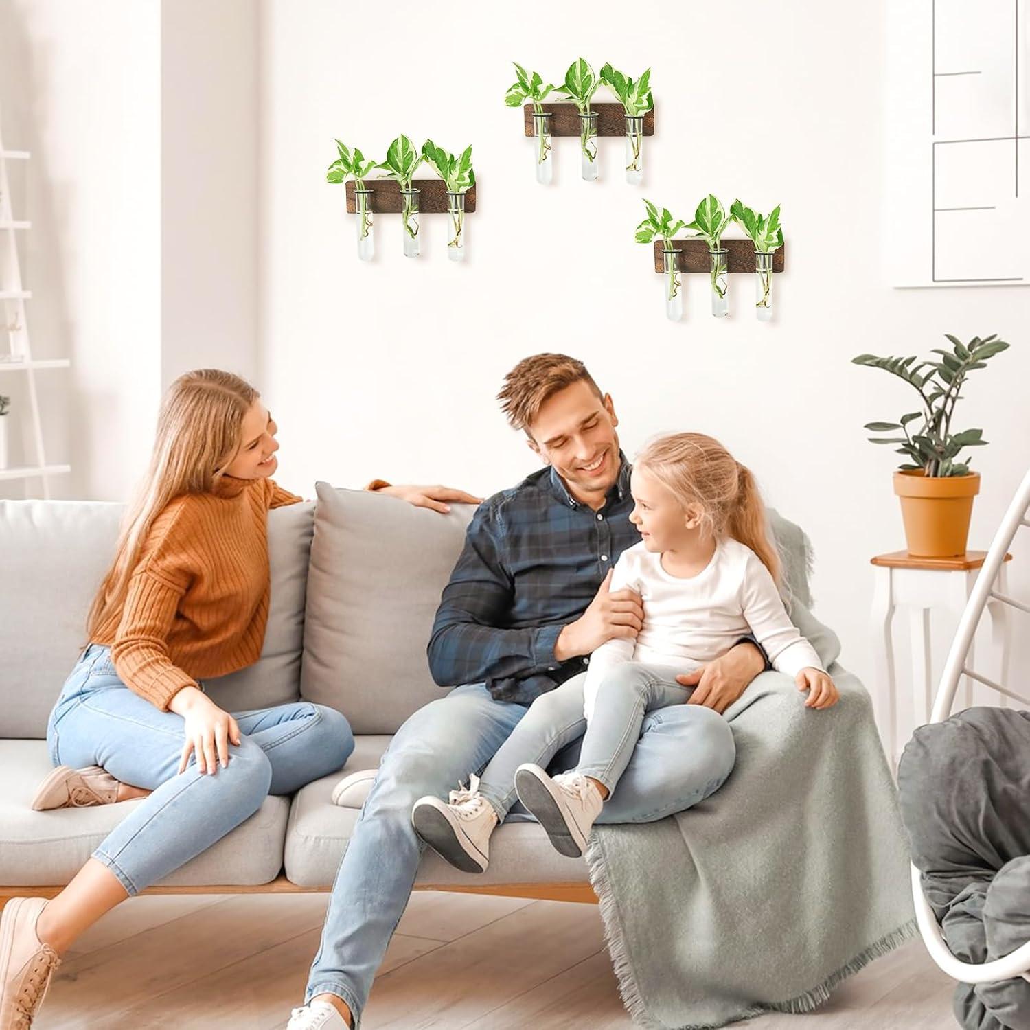 imageXXXFLOWER Wall Mounted Plant Terrarium with Wooden Stand 3 PCS Hanging Planter Propagation Station with 3 Glass Tubes for Plant Cuttings Flower Vases for Home Office Indoor Decor9 Glass Tubes with Ring