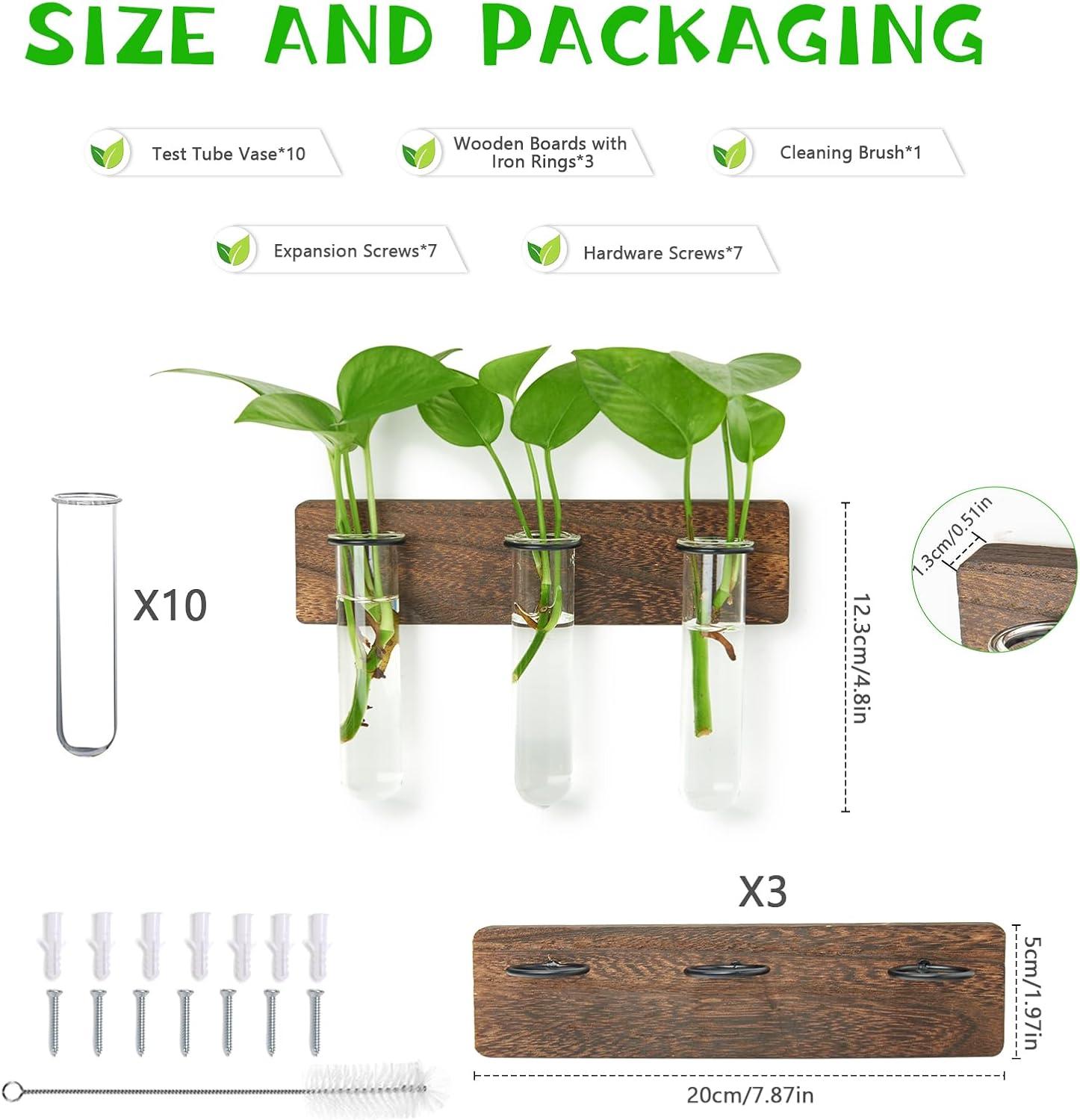 imageXXXFLOWER Wall Mounted Plant Terrarium with Wooden Stand 3 PCS Hanging Planter Propagation Station with 3 Glass Tubes for Plant Cuttings Flower Vases for Home Office Indoor Decor9 Glass Tubes with Ring