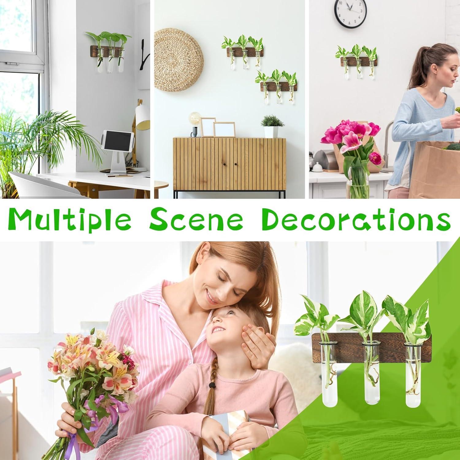 imageXXXFLOWER Wall Mounted Plant Terrarium with Wooden Stand 3 PCS Hanging Planter Propagation Station with 3 Glass Tubes for Plant Cuttings Flower Vases for Home Office Indoor Decor9 Glass Tubes with Ring