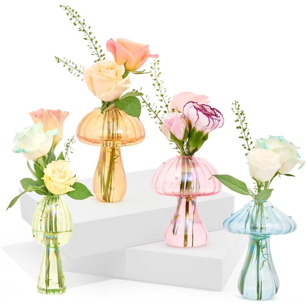 imageXXXFLOWER Glass Mushroom Vase Propagation Planter Window Plant Propagation Station Crystal Hydroponic Mushroom Jars for Plant Cuttings Unique Glass Bud Flower Vase Indoor for Home Office Garden Decor