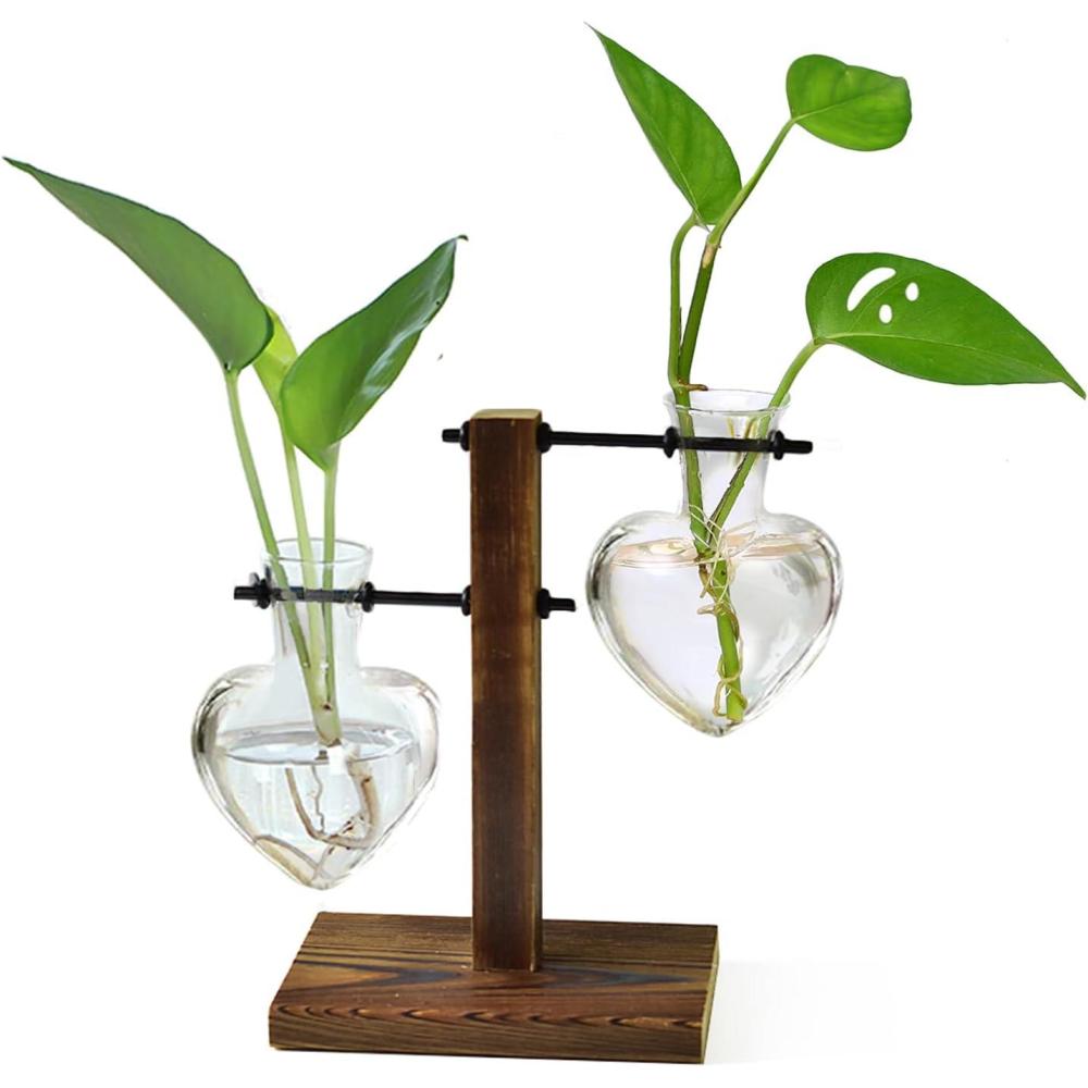 imageXXXFLOWER Plant Terrarium Wooden Stand Hydroponic Planter Bulb Glass Metal Swivel Holder Retro Air Plants Water Plants for Home Office DecorationGifts for Plant Lover Wife Mom 2 Love Bulb Vase2 Love Wooden Stand
