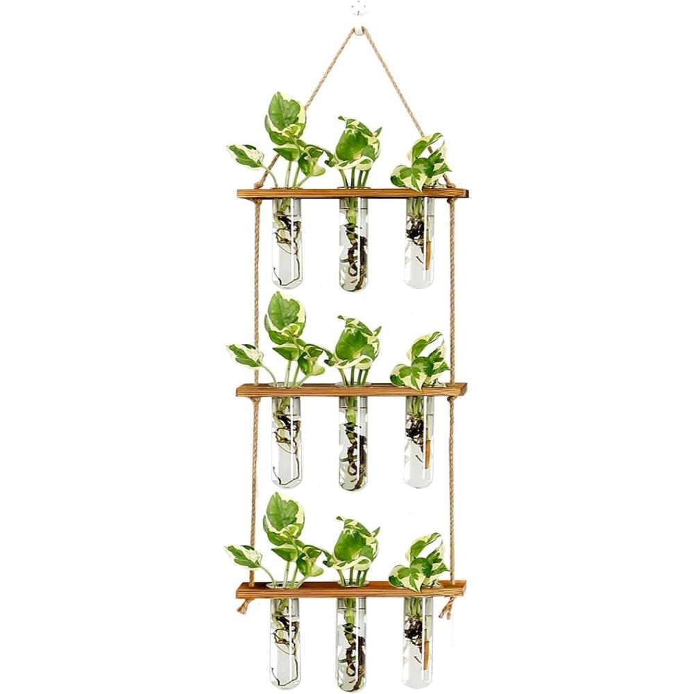 imageXXXFLOWER Wall Hanging Propagation Station with Wooden Stand 21 Glass Test Tubes 3 Tiers Planters Wall Terrarium for Home Office Plant Hanger Flower Vases Wall Decor Hydroponic CuttingsBrown