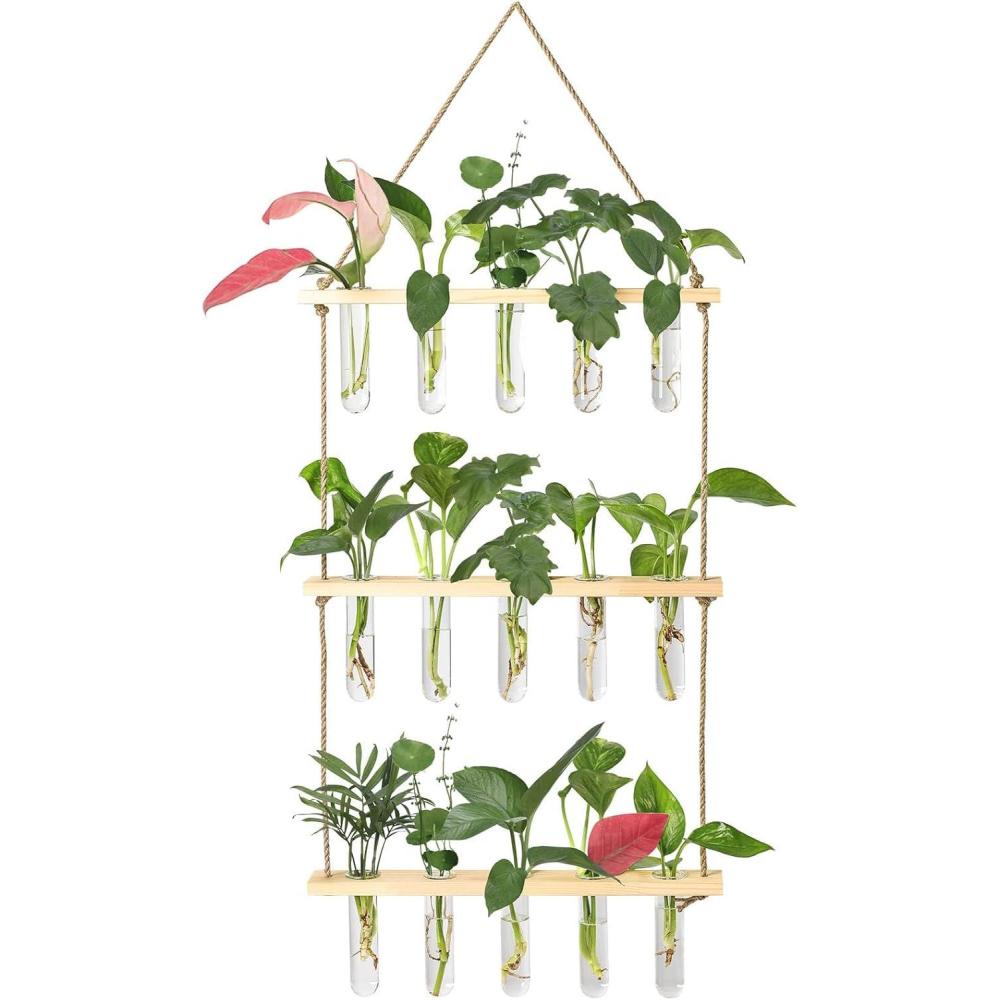imageXXXFLOWER Wall Hanging Propagation Station with Wooden Stand 21 Glass Test Tubes 3 Tiers Planters Wall Terrarium for Home Office Plant Hanger Flower Vases Wall Decor Hydroponic CuttingsBeige