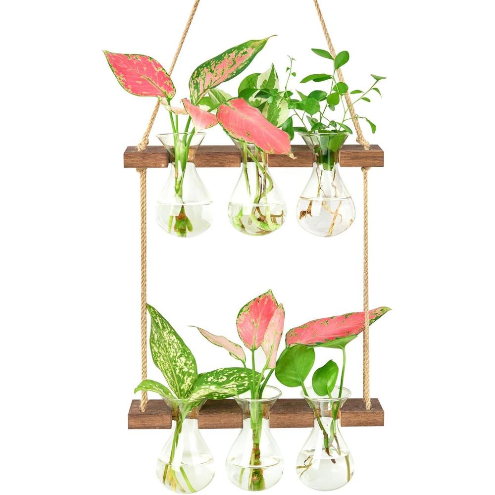 imageXXXFLOWER Wall Hanging Propagation Station with Wooden Stand 3 Bulb Vase 2 Tiers Planters Wall Terrarium for Home Office Plant Hanger Flower Vases Wall DecorBrownBrown6 Bulb Vase