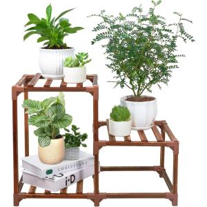 XXXFLOWER Plant Stand Indoor Outdoor 13 Tiers Wood Plant Shelf for Multiple Plants ，Large Plant Rack for Window Garden Balcony Patio Porch Living Room(Brown-3 Potted)
