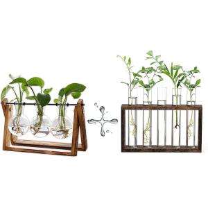 XXXFLOWER Plant Terrarium with Wooden Stand, Air Planter Bulb Glass Vase Metal Swivel Holder Retro Tabletop for Hydroponics Home Garden Office Decoration