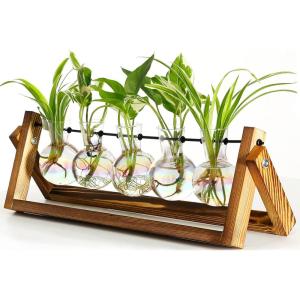 XXXFLOWER Plant Terrarium with Wooden Stand, Wall Hanging Glass Planter Tabletop Propagation Station Metal Swivel Holder Retro Rack for Hydroponics Home Garden Office Decoration – 5 Bulb Vase(5 Bulb Vase)