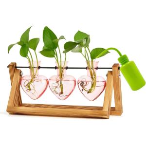 XXXFLOWER Plant Terrarium with Wooden Stand, Wall Hanging Glass Planter Tabletop Propagation Station Metal Swivel Holder Retro Rack for Hydroponics Home Garden Office Decoration – 5 Bulb Vase(3 Heart Pink Vase)