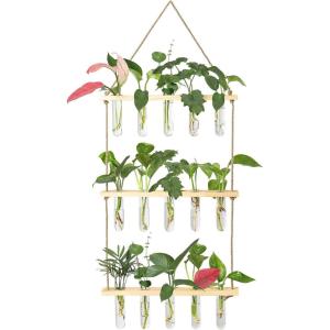 XXXFLOWER Wall Hanging Propagation Station with Wooden Stand 21 Glass Test Tubes 3 Tiers Planters Wall Terrarium for Home Office Plant Hanger Flower Vases Wall Decor Hydroponic Cuttings(Beige)