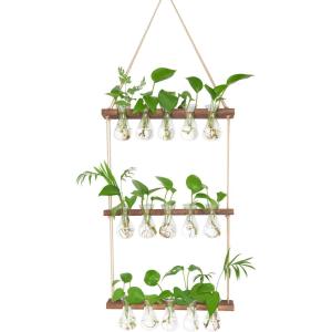 XXXFLOWER Wall Hanging Propagation Station with Wooden Stand 3 Bulb Vase 2 Tiers Planters Wall Terrarium for Home Office Plant Hanger Flower Vases Wall Decor(Brown)(Brown-15 Bulb Vase)