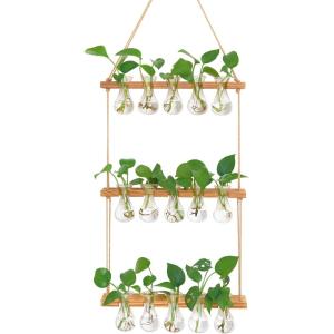 XXXFLOWER Wall Hanging Propagation Station with Wooden Stand 3 Bulb Vase 2 Tiers Planters Wall Terrarium for Home Office Plant Hanger Flower Vases Wall Decor(Brown)(Natural-15 Bulb Vase)