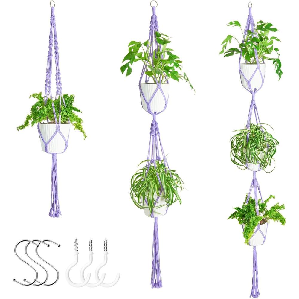 imageXXXFLOWER 3 Pack Macrame Plant Hanger Indoor Set with Hooks Handmade Woven Cotton Rope Flower Pot Crochet Plant Holder Stand Boho Plant Decor Hanging Planter Baskets Set of 3 with Beads BluePurple