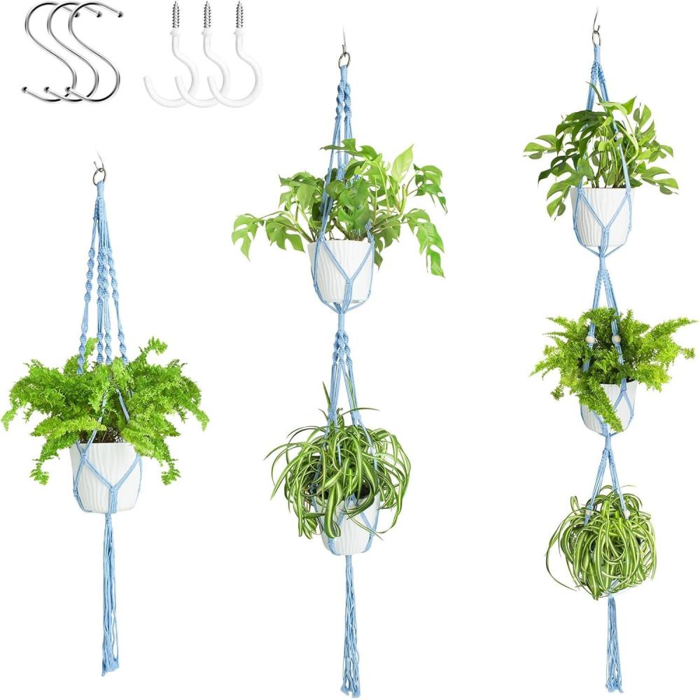 imageXXXFLOWER 3 Pack Macrame Plant Hanger Indoor Set with Hooks Handmade Woven Cotton Rope Flower Pot Crochet Plant Holder Stand Boho Plant Decor Hanging Planter Baskets Set of 3 with Beads BlueBlue
