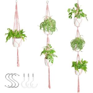 XXXFLOWER 3 Pack Macrame Plant Hanger Indoor Set with Hooks Handmade Woven Cotton Rope Flower Pot Crochet Plant Holder Stand Boho Plant Decor Hanging Planter Baskets Set of 3 with Beads Blue(Pink)