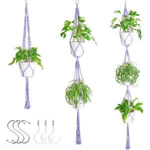 XXXFLOWER 3 Pack Macrame Plant Hanger Indoor Set with Hooks Handmade Woven Cotton Rope Flower Pot Crochet Plant Holder Stand Boho Plant Decor Hanging Planter Baskets Set of 3 with Beads Blue(Purple)