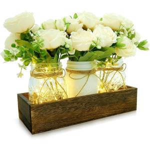 XXXFLOWER 3 Pcs Mason Jars Lights Fall Table Centerpieces – Christmas Gifts for Women Mom Wife,Indoor Decors for Farmhouse Coffee Table Dining Room Kitchen Wedding