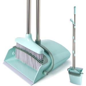 XXXFLOWER Broom and Dustpan Set with Cleaning Teeth, 55″ Long Handle Indoor Sweeping Combo for Home Office Kitchen, Bluish Green