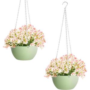 XXXFLOWER Hanging Planters 2 Pack Hanging Baskets Plastic Flower Pot with Drainage Hole & Chain & Hook,Hanging Flower Baskets for Indoor and Outdoor Plants,Home Wall Boho Decor（Green）