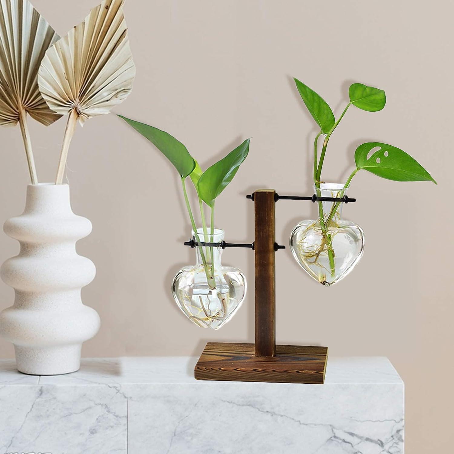 imageXXXFLOWER Plant Terrarium with Wooden Stand Air Planter Bulb Glass Vase Metal Swivel Holder Retro Tabletop for Hydroponics Home Garden Office Decoration
