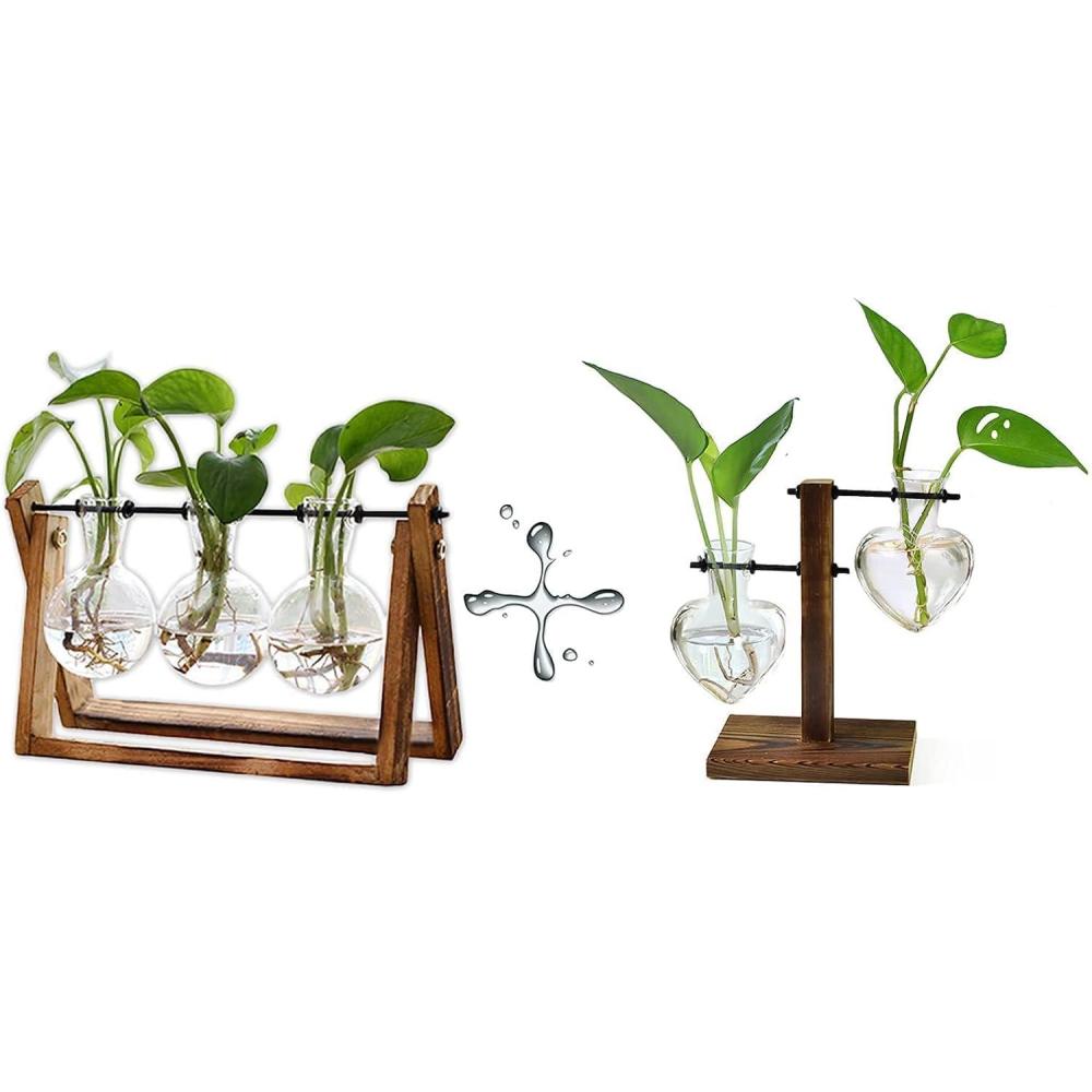 imageXXXFLOWER Plant Terrarium with Wooden Stand Air Planter Bulb Glass Vase Metal Swivel Holder Retro Tabletop for Hydroponics Home Garden Office Decoration