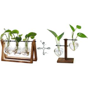 XXXFLOWER Plant Terrarium with Wooden Stand Air Planter Bulb Glass Vase Metal Swivel Holder Retro Tabletop for Hydroponics Home Garden Office Decoration