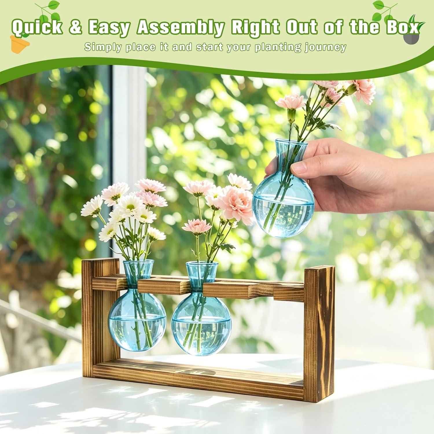 image:imageXXXFLOWER Glass Plant Terrarium Propagation Station Gifts for Mom Plant Lovers Wife Daughter 3 Bulb Glass Vase Plant Terrarium Tabletop for Hydroponics Home Office Indoor Decor PinkBlue