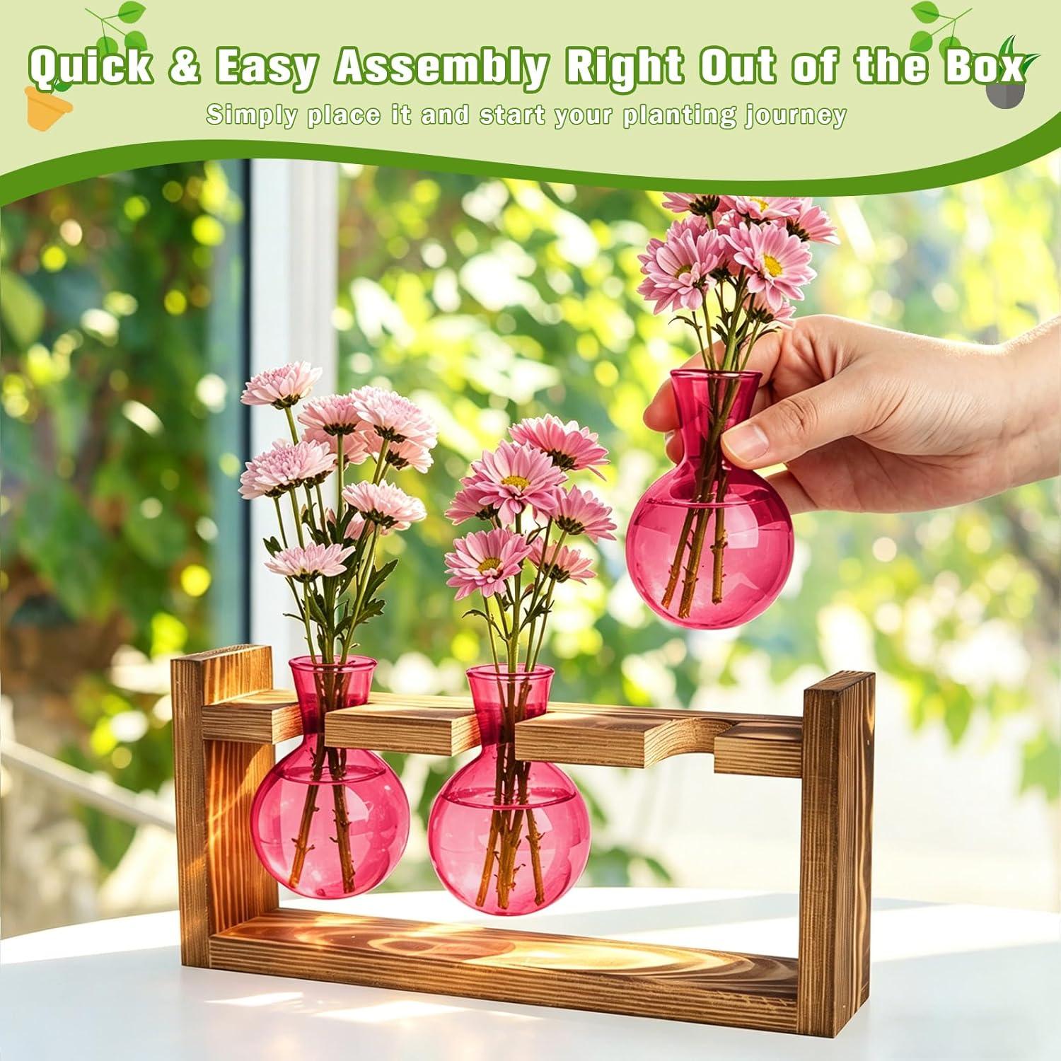 image:imageXXXFLOWER Glass Plant Terrarium Propagation Station Gifts for Mom Plant Lovers Wife Daughter 3 Bulb Glass Vase Plant Terrarium Tabletop for Hydroponics Home Office Indoor Decor PinkPink