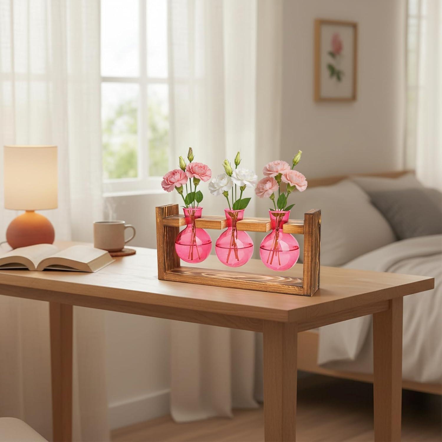 image:imageXXXFLOWER Glass Plant Terrarium Propagation Station Gifts for Mom Plant Lovers Wife Daughter 3 Bulb Glass Vase Plant Terrarium Tabletop for Hydroponics Home Office Indoor Decor PinkPink
