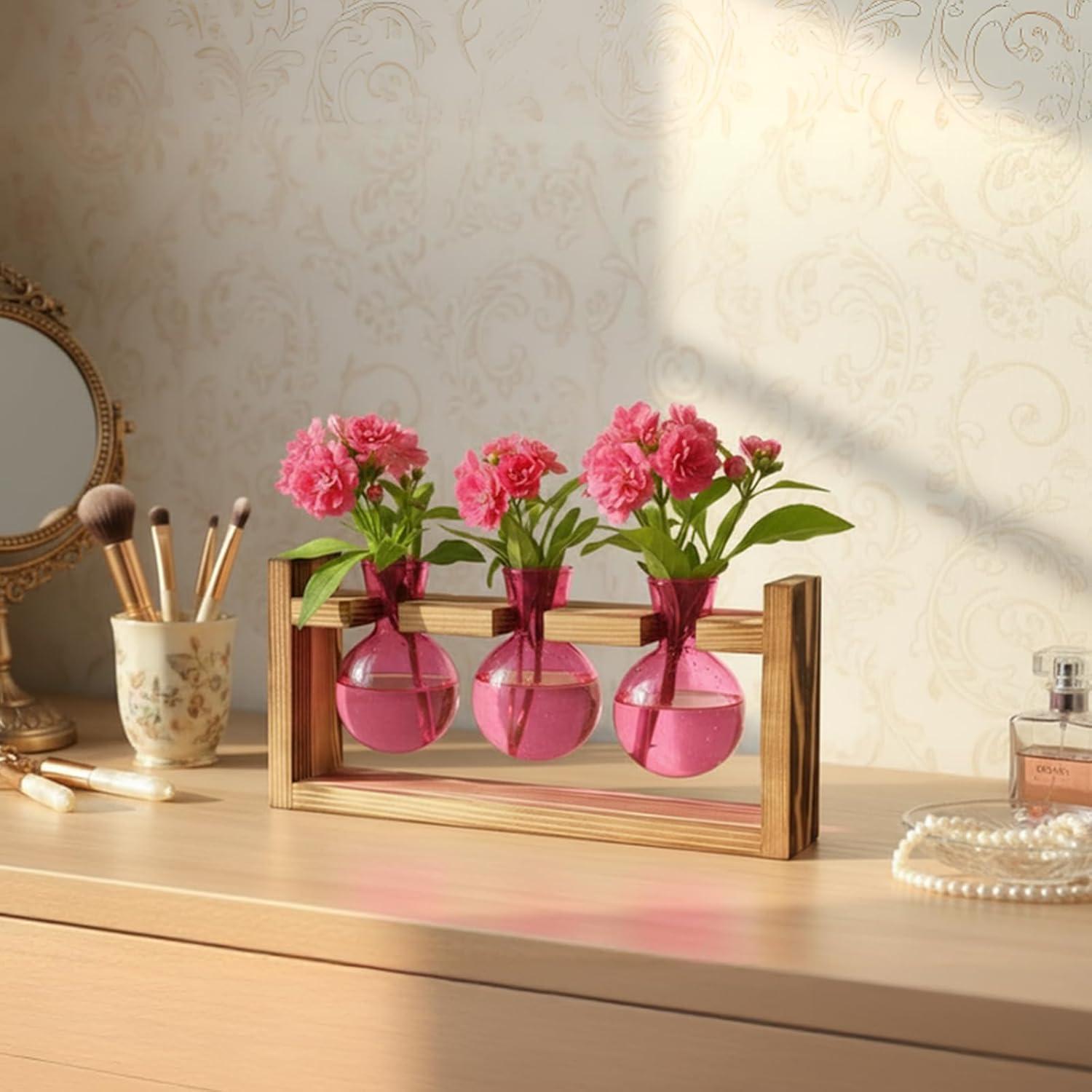 image:imageXXXFLOWER Glass Plant Terrarium Propagation Station Gifts for Mom Plant Lovers Wife Daughter 3 Bulb Glass Vase Plant Terrarium Tabletop for Hydroponics Home Office Indoor Decor PinkPink